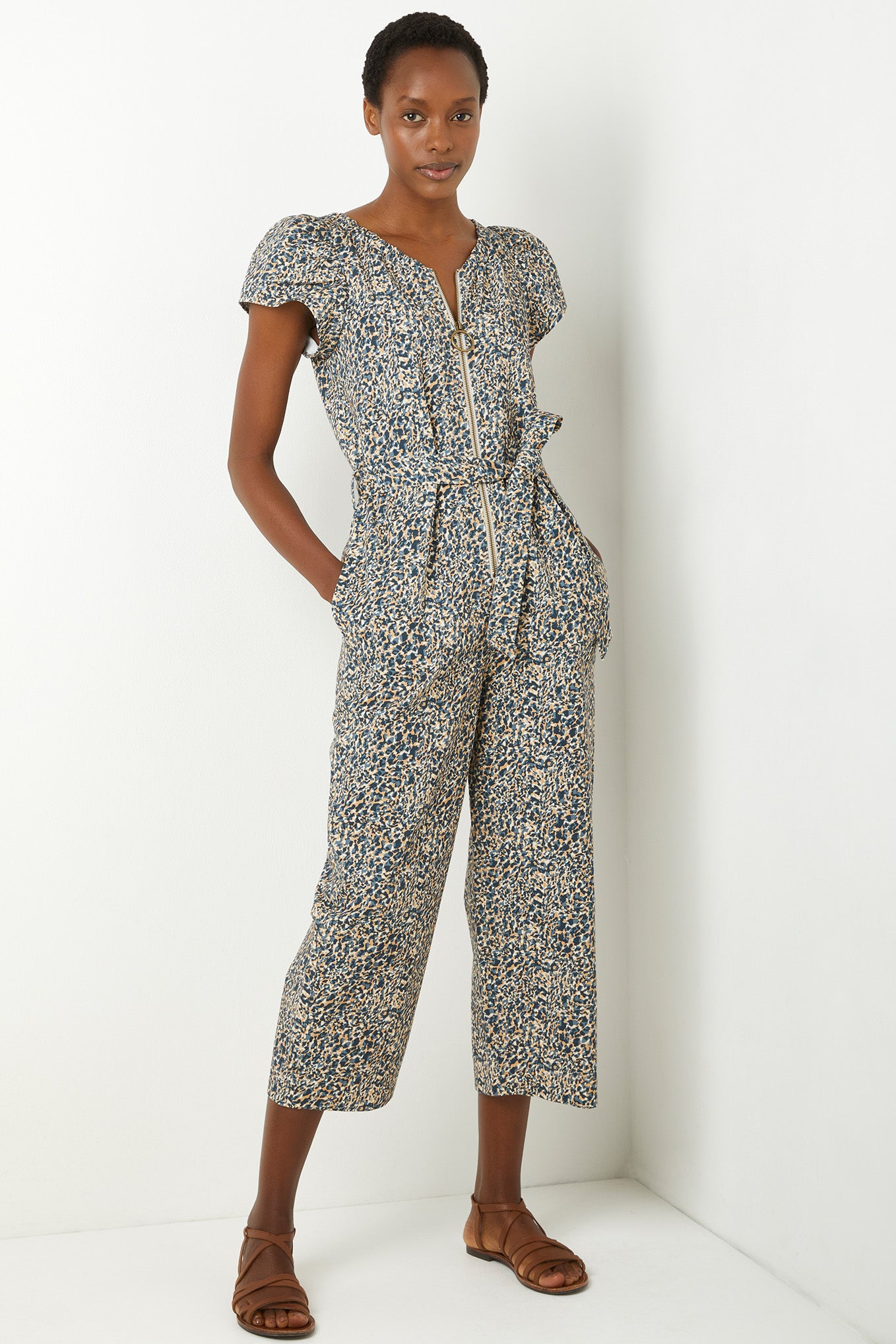 Naomi Zip Through Animal Jumpsuit - Multi Neutral