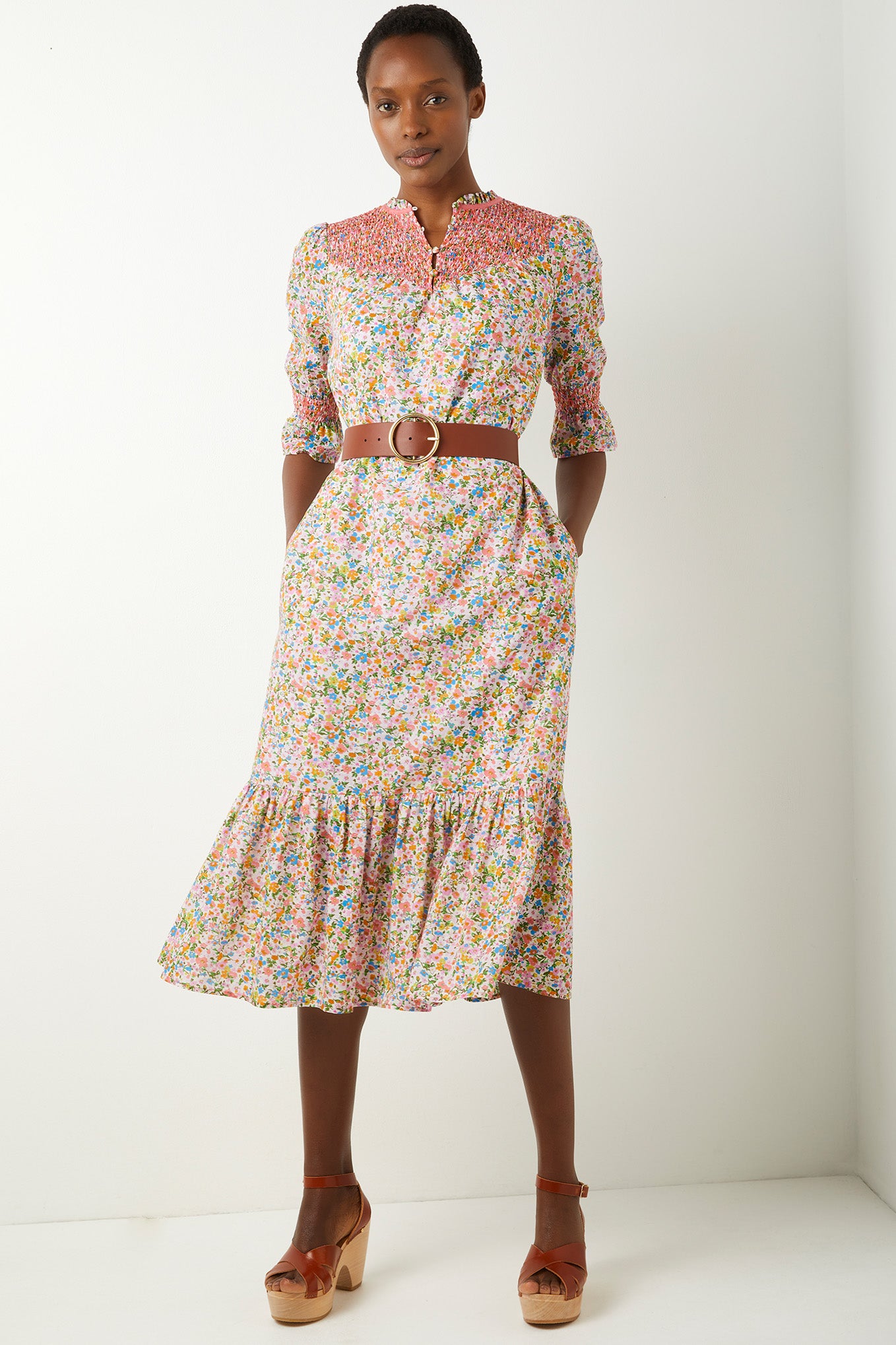 Ophelia 70s Floral Dress - Multi Ivory