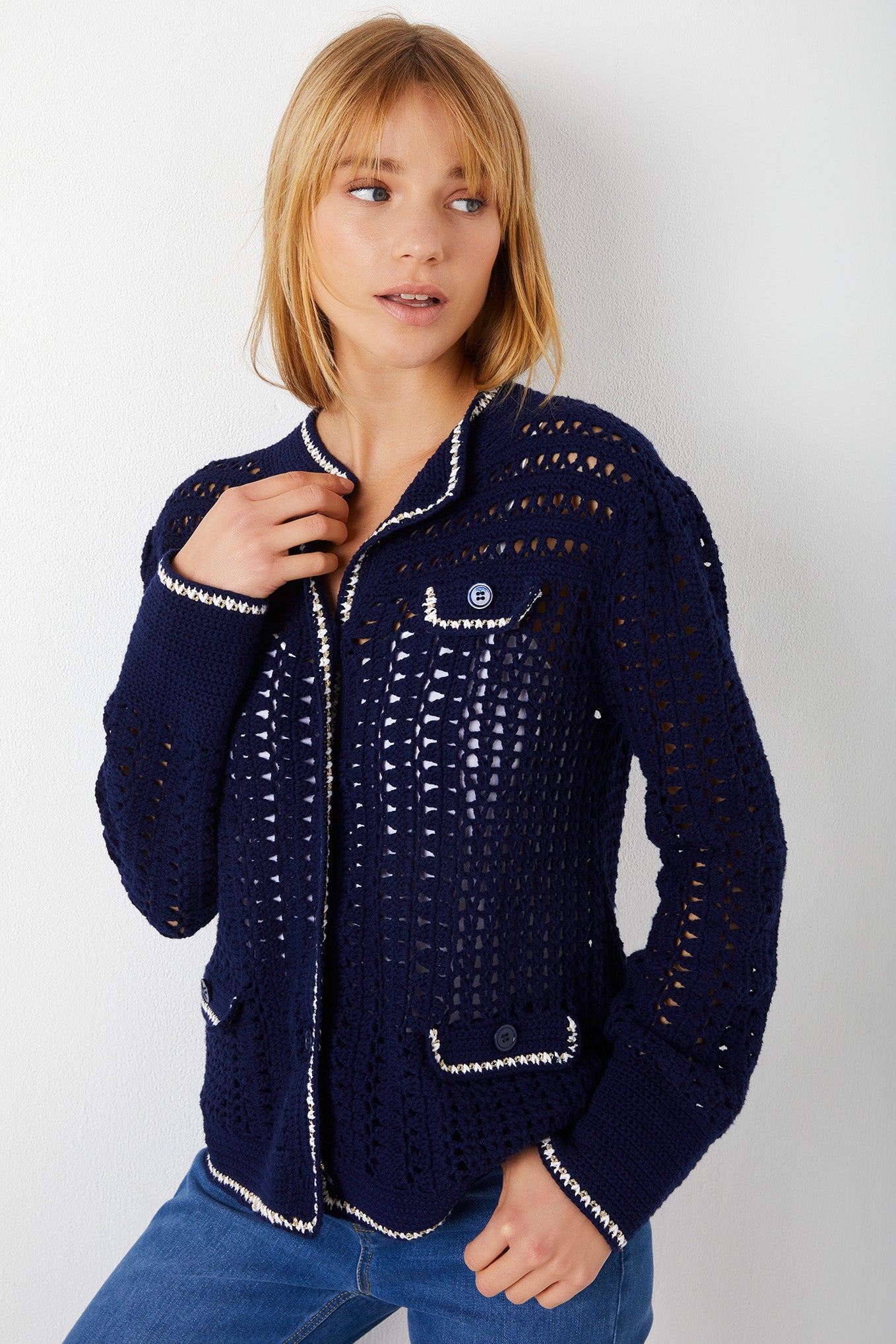 Paris Tipped Crochet Bomber - French Navy/Ivory/Gold