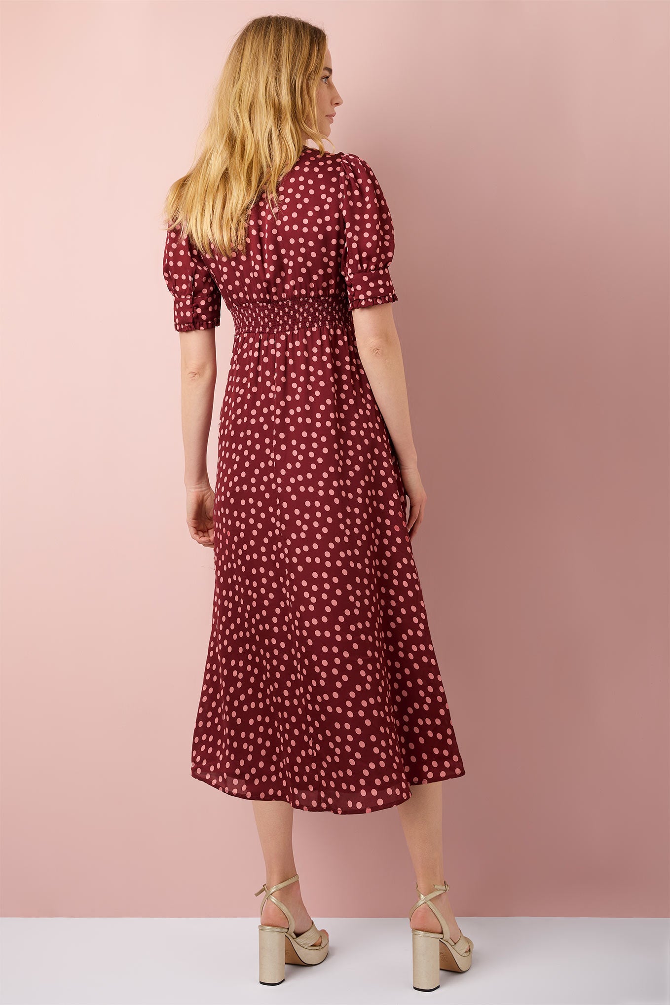 Paulina Polka Spot Tie Neck Dress - Burgundy - Regular