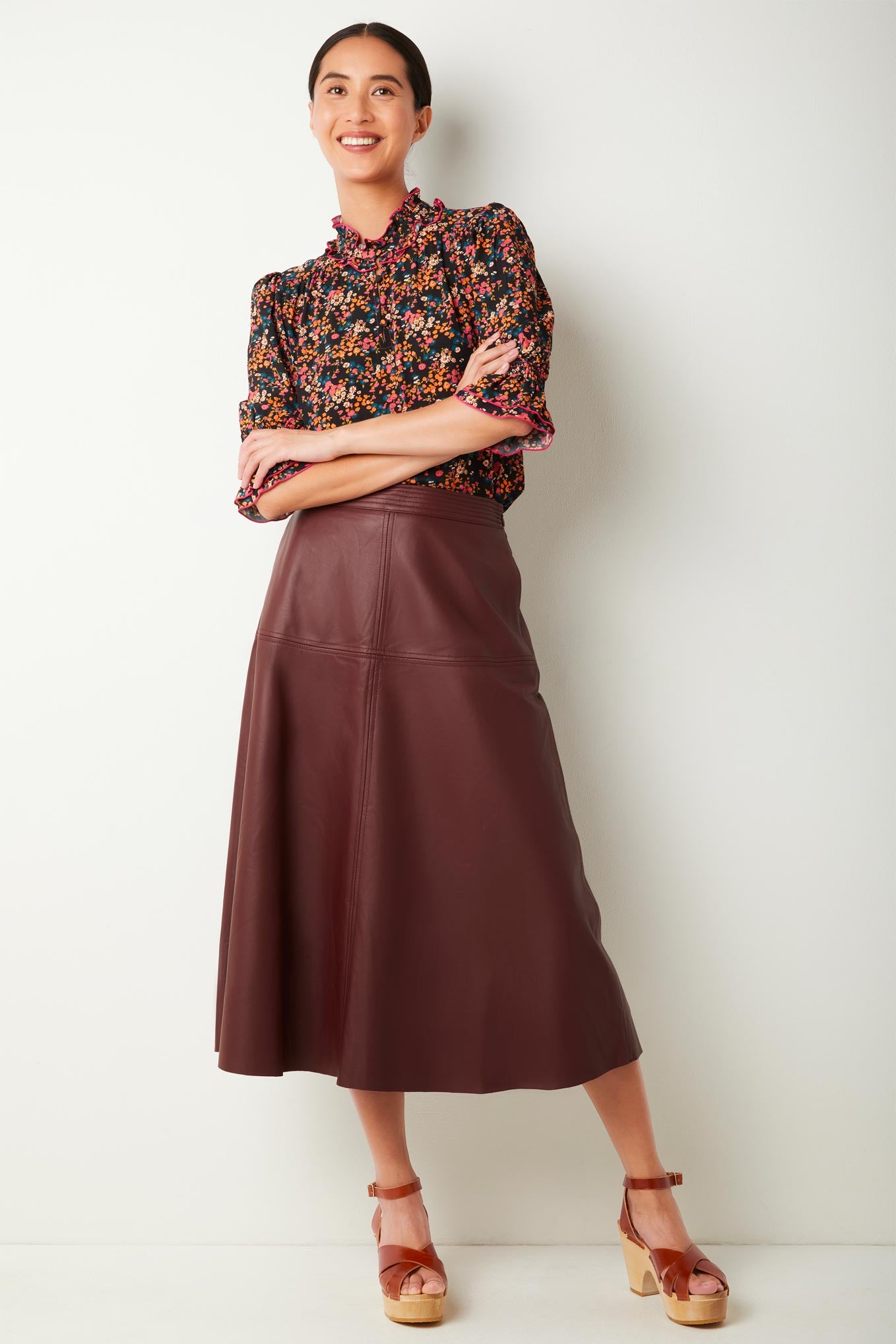 Aurelie A-Line Leather Skirt - Bordeaux