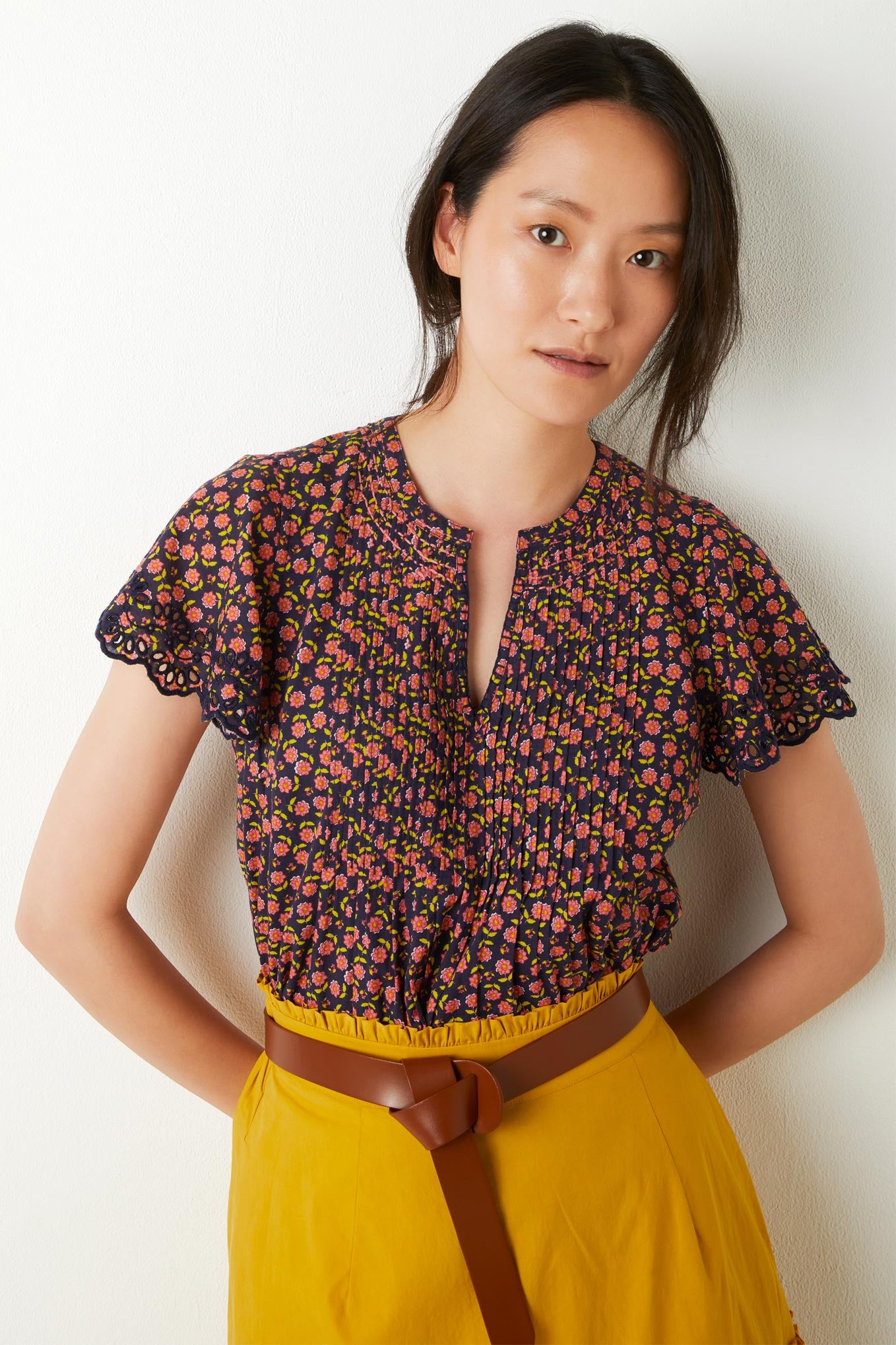 Romy Block Daisy Print Blouse - Navy Multi