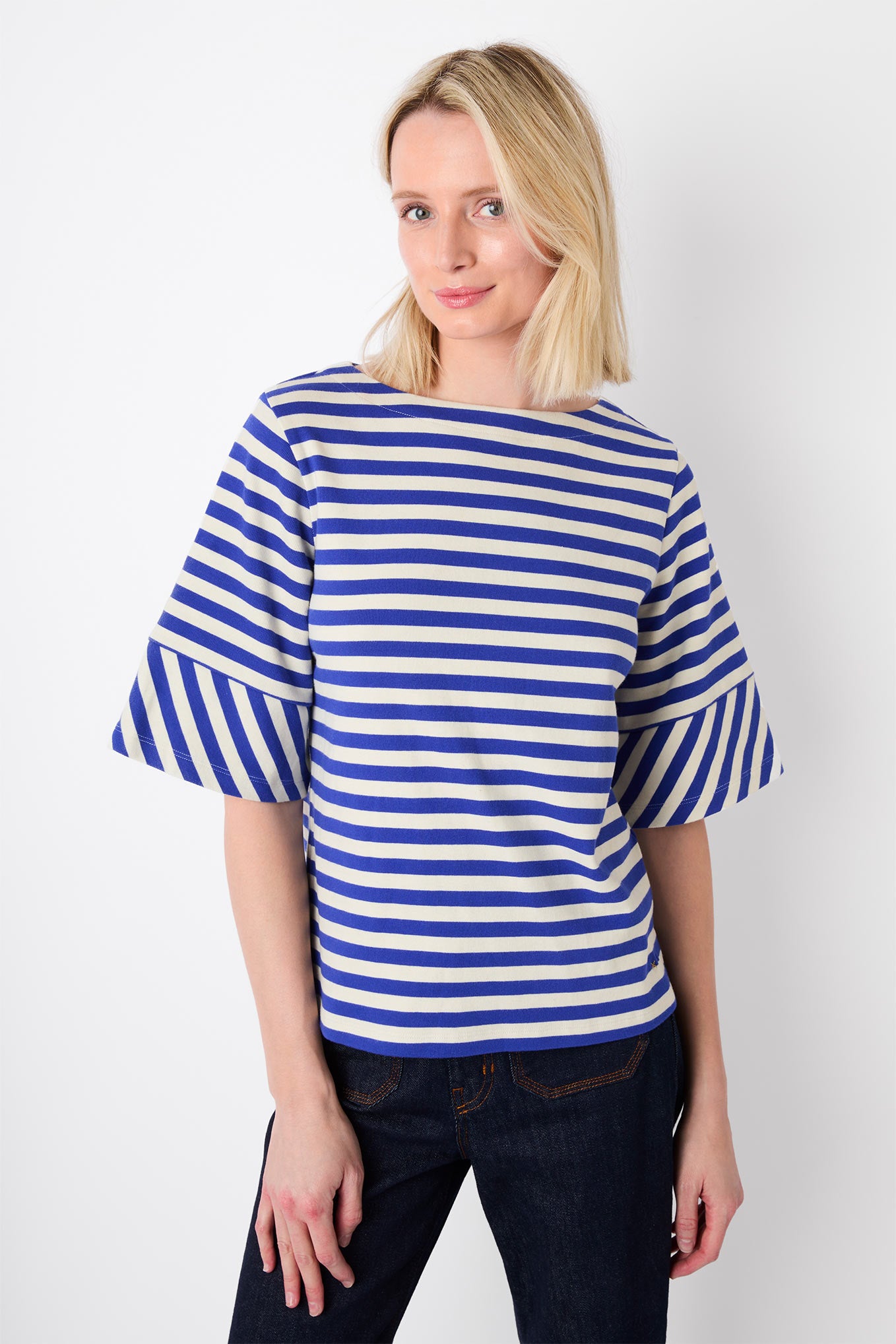 Sablons Stripe Wide Sleeve T-Shirt - Cobalt/Ivory