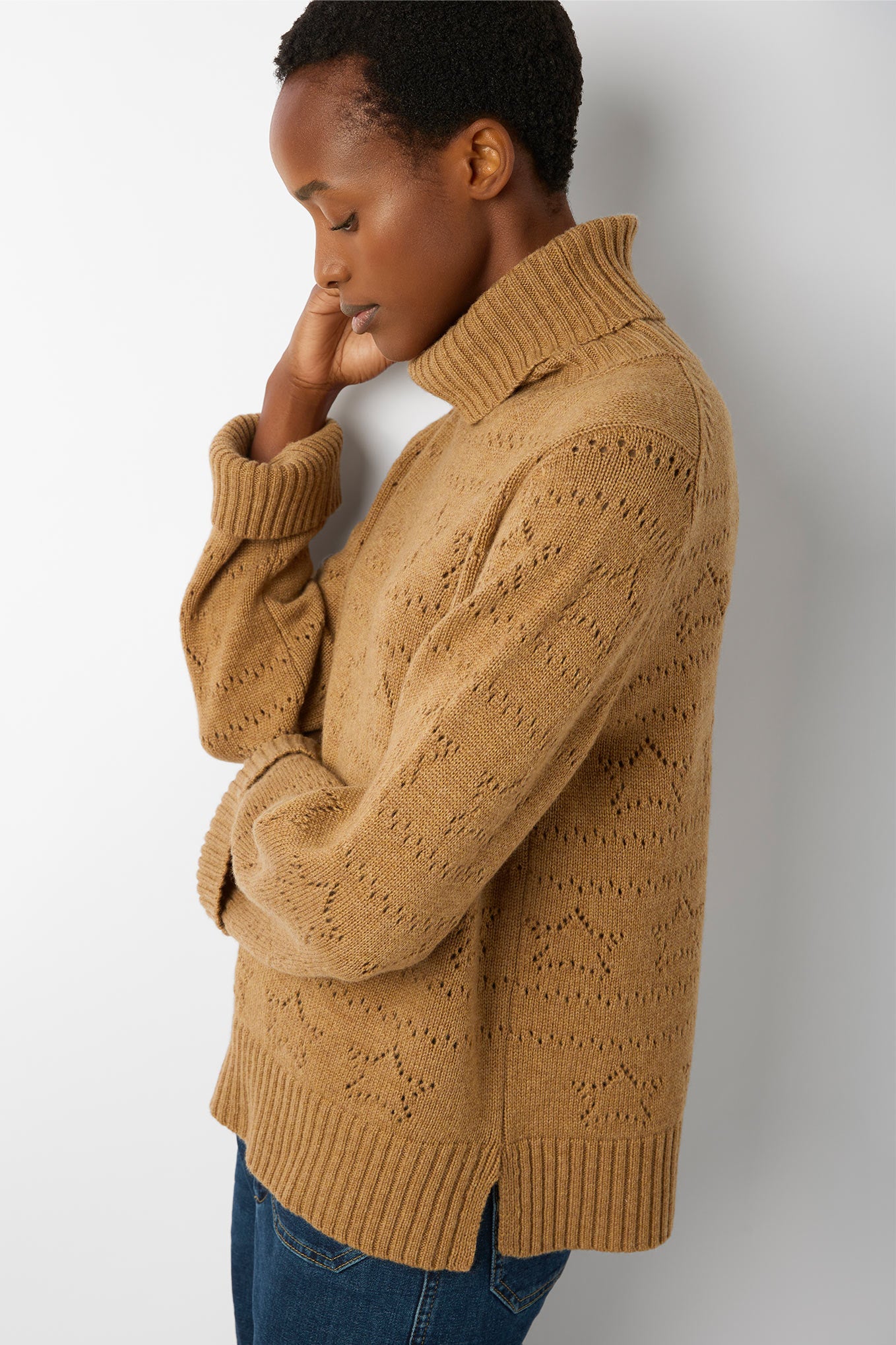 Salma Star Pointelle Roll Neck Jumper - Caramel