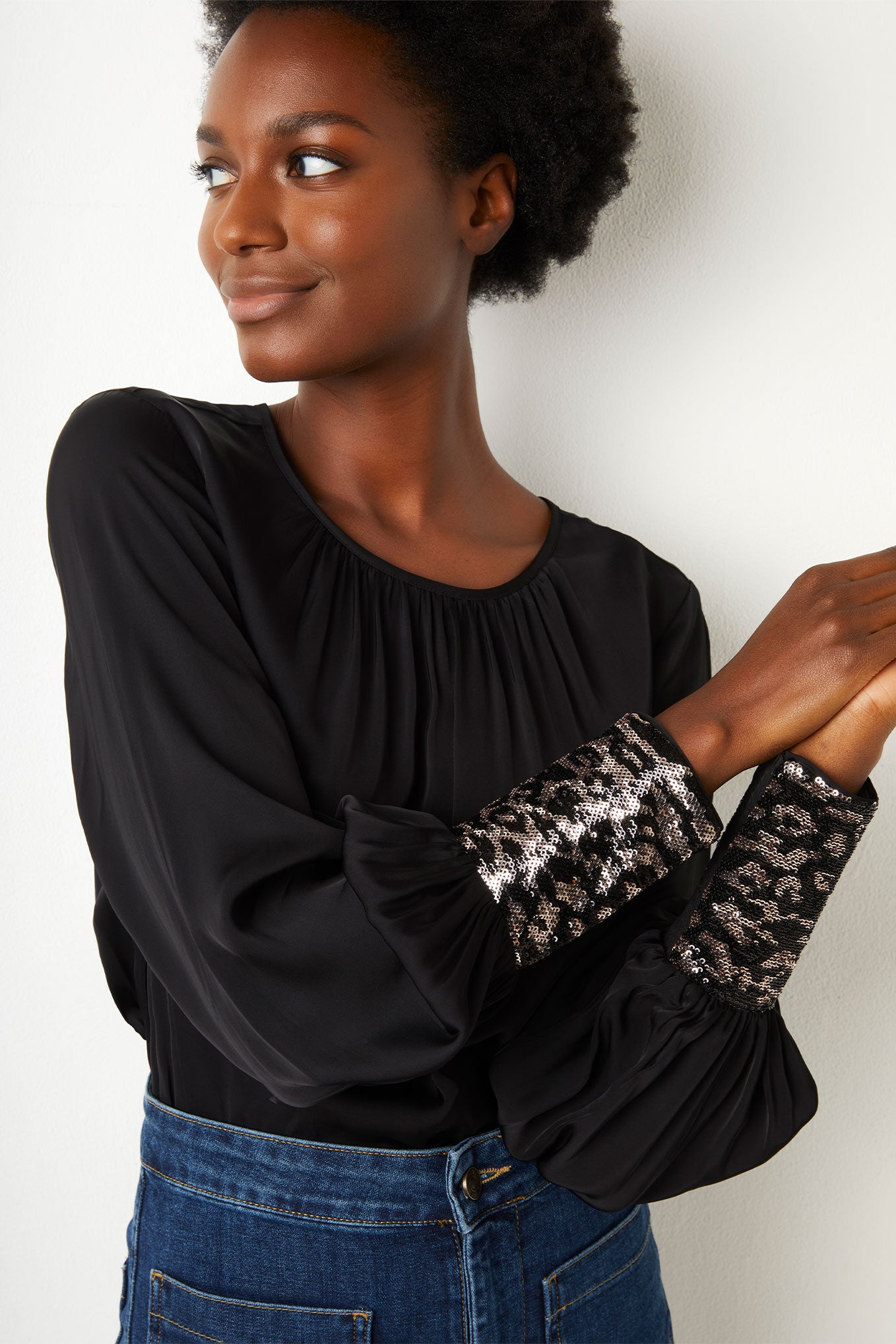 Sara Sequin Cuff Top - Black