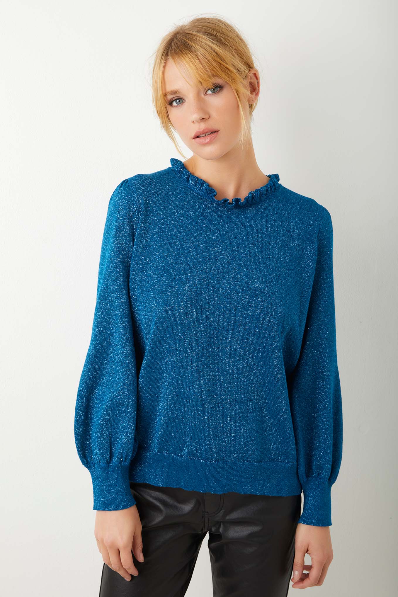 Silvia Lurex Frill Neck Jumper - Petrol