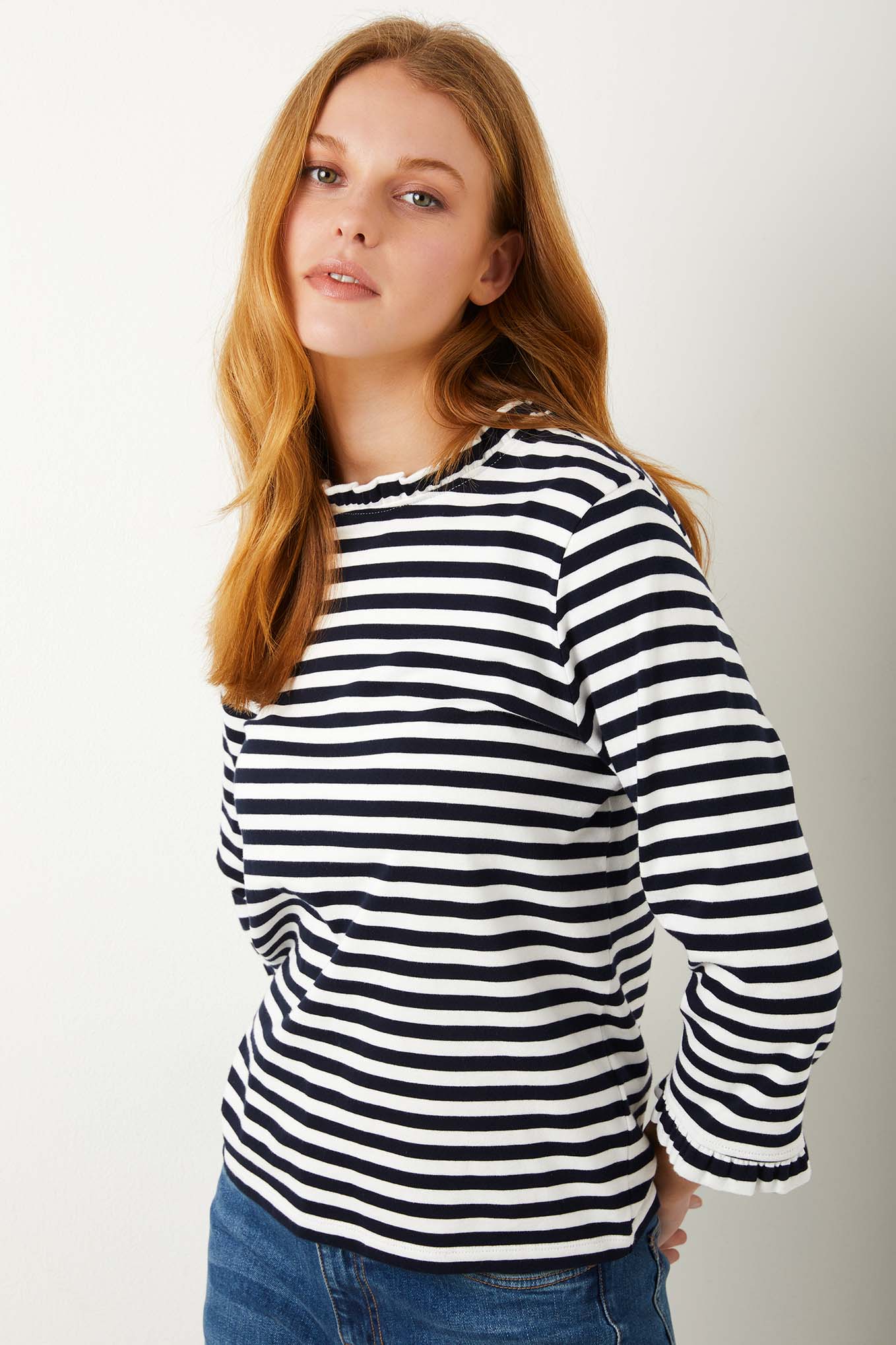 Tara Stripe Frill Neck Tee - French Navy/Ivory