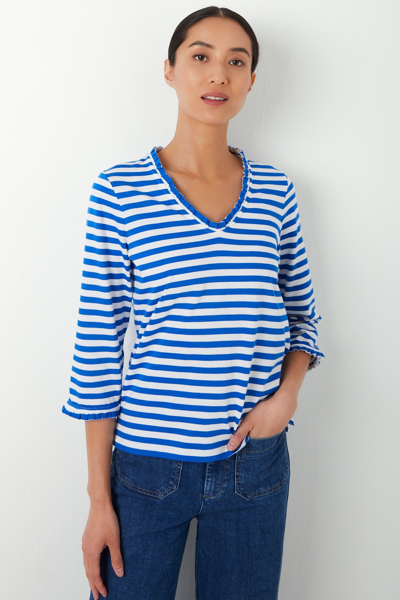 Tara Stripe V-Neck Tee - Bright Blue/White