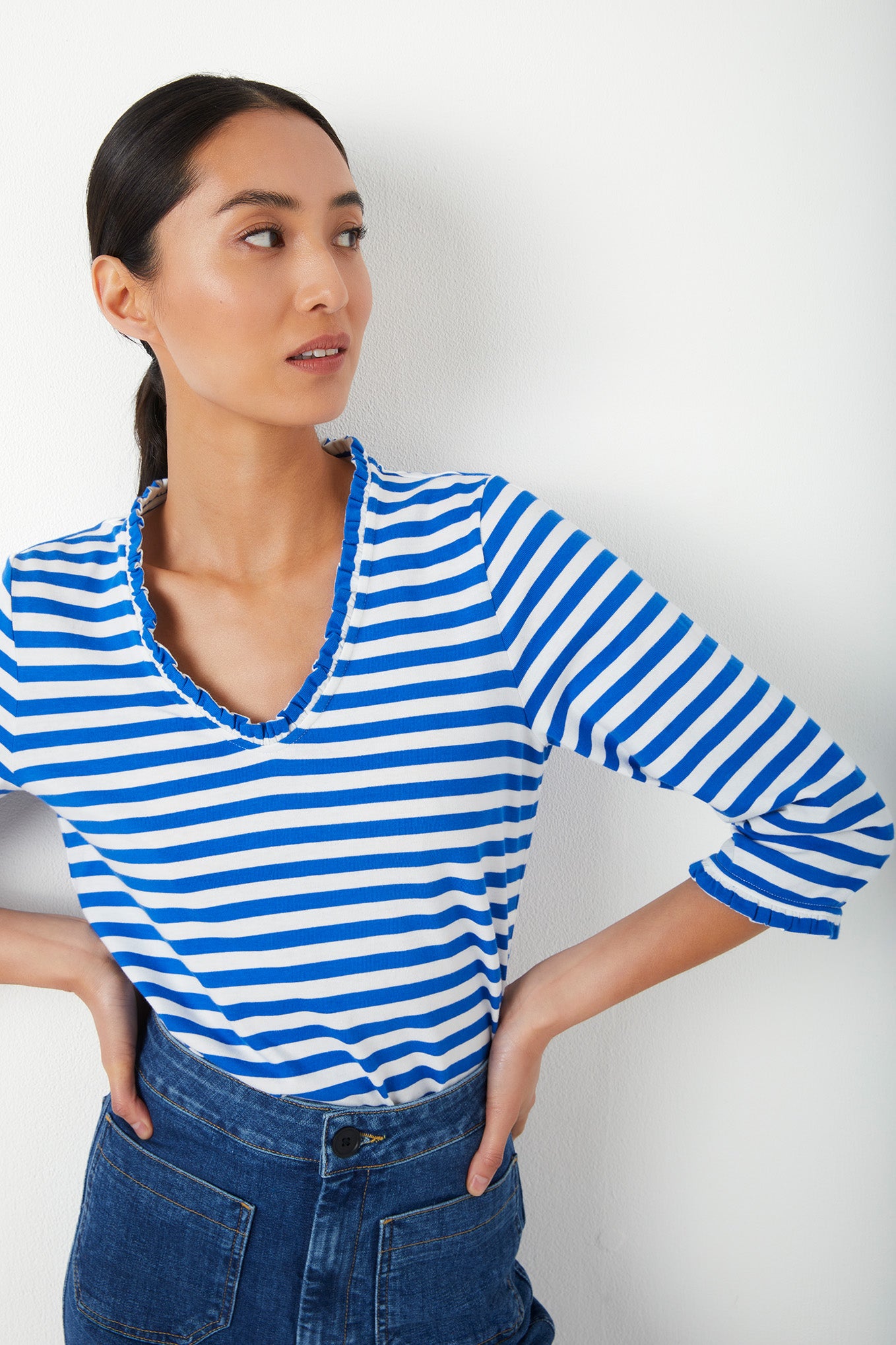 Tara Stripe V-Neck Tee - Bright Blue/White