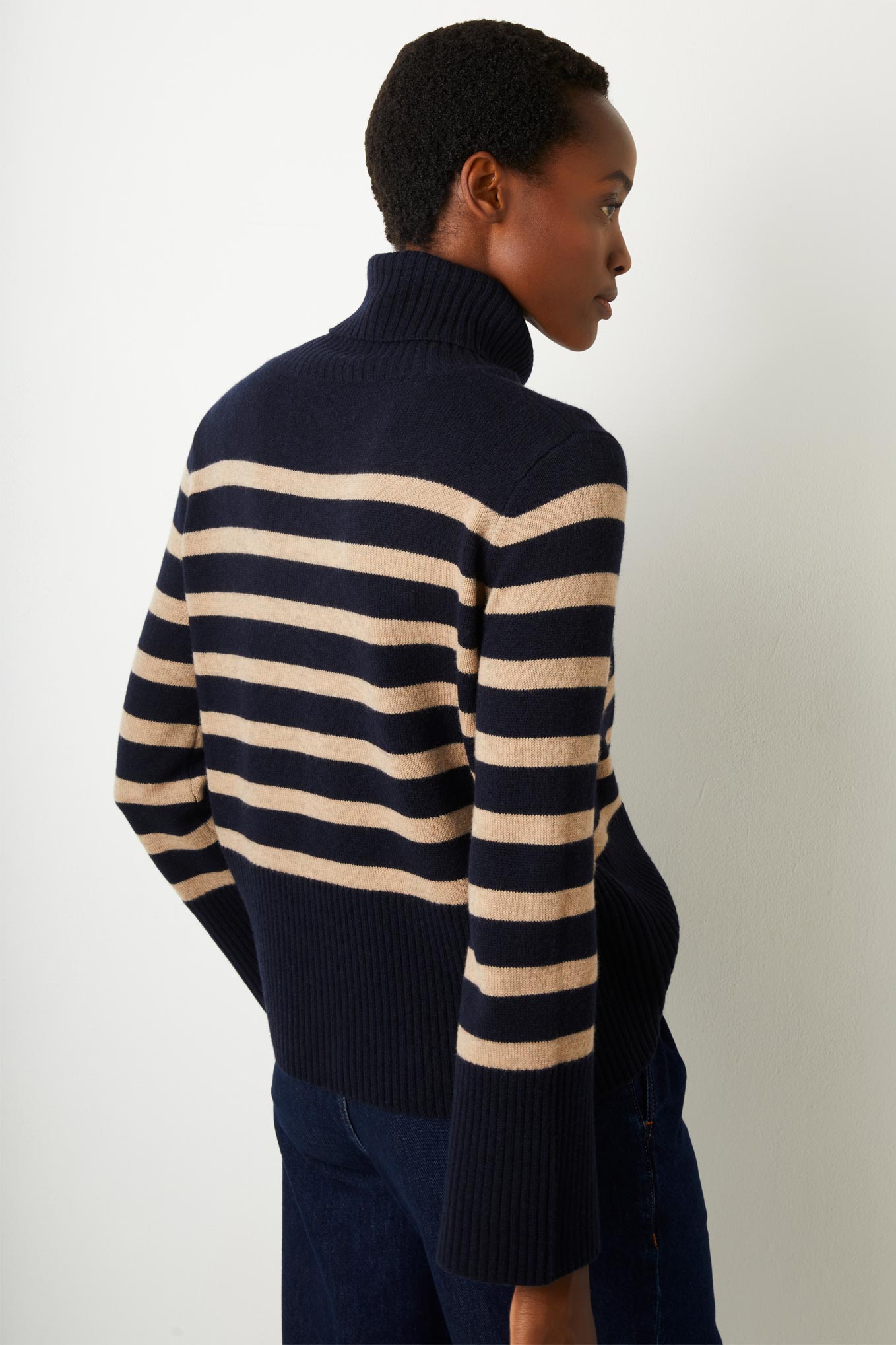 Nina Striped Roll Neck Jumper - Navy/Oat