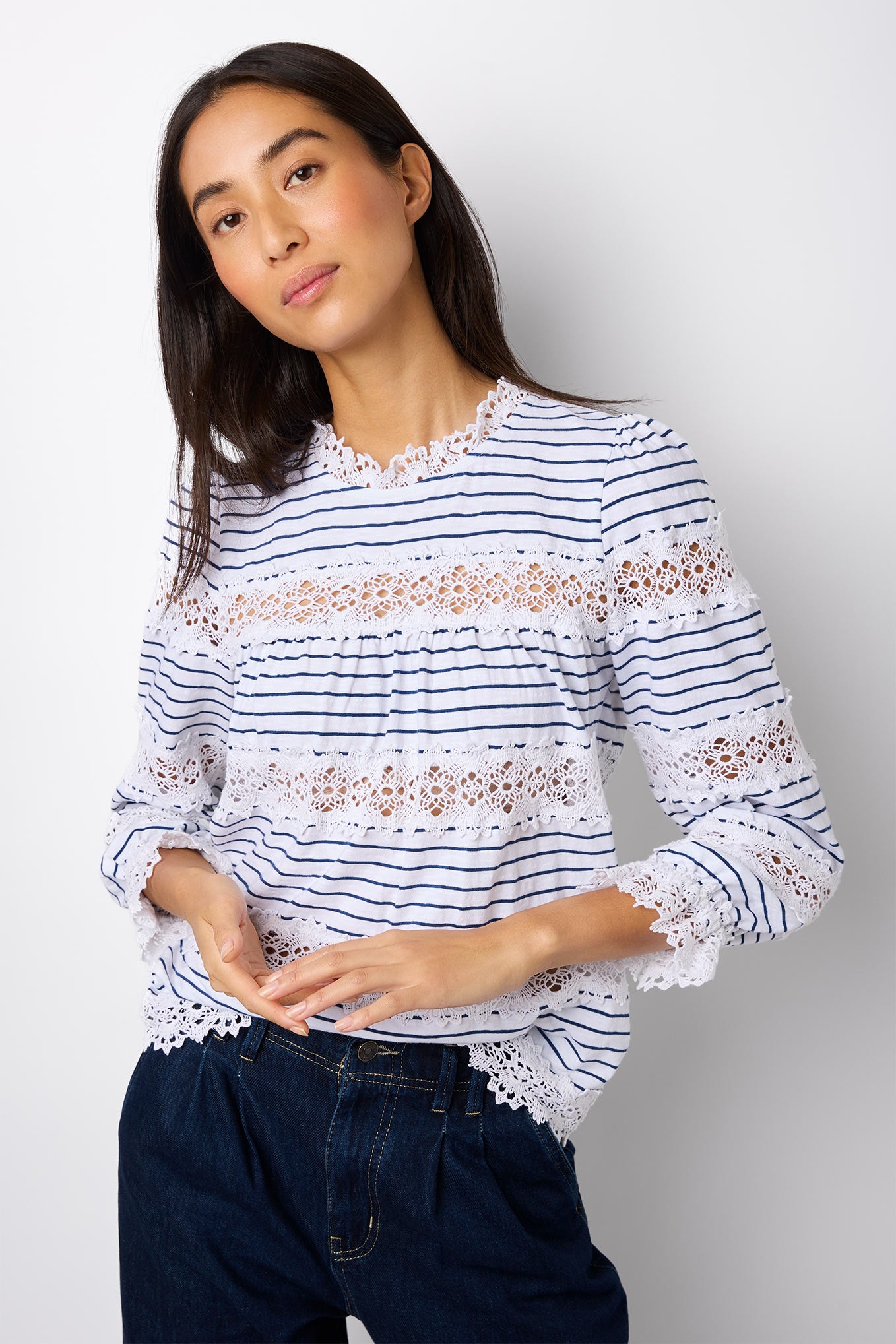 Ava Lace Stripe Top - Ivory/Navy