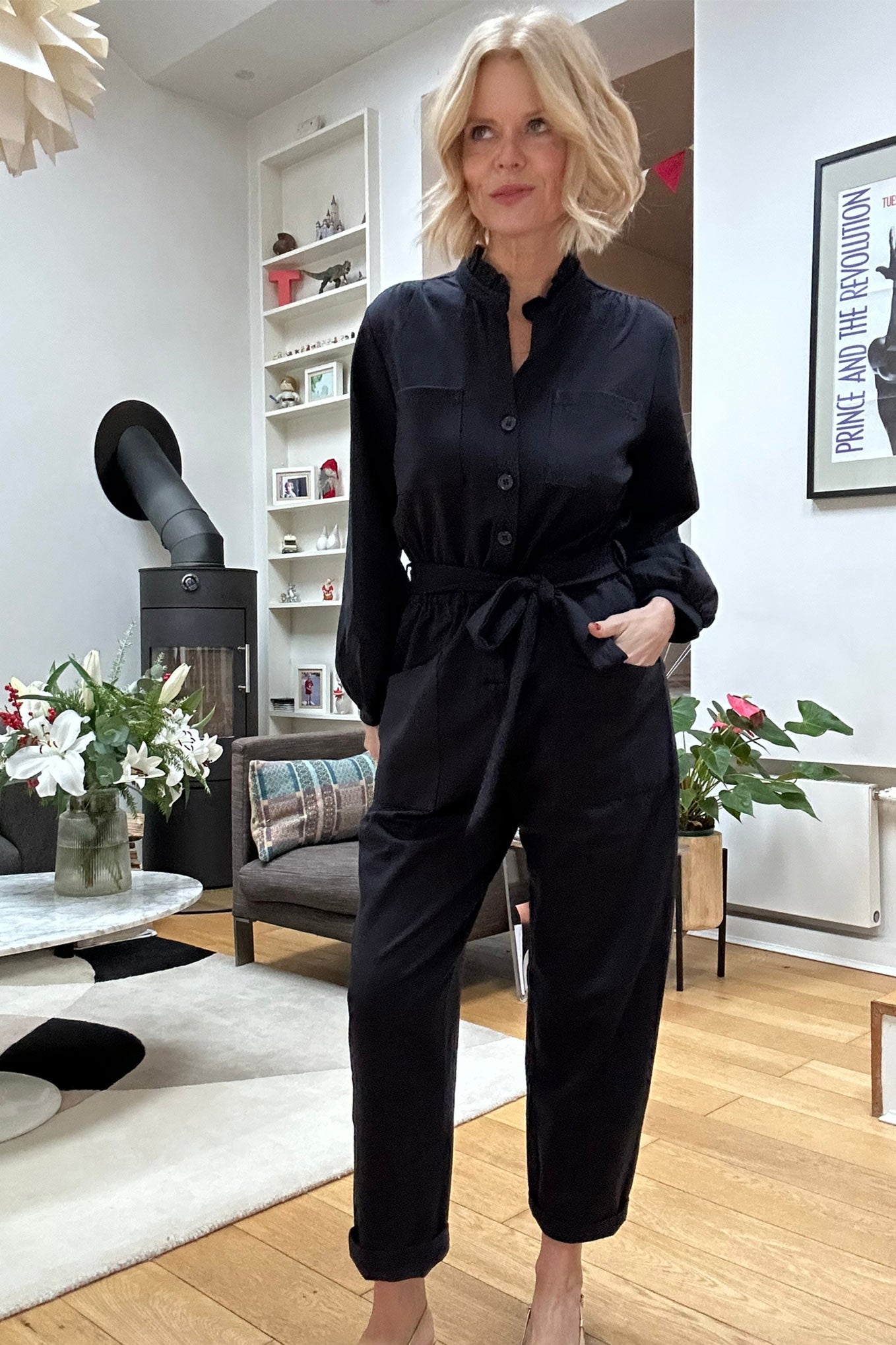 Beverley Button Front Ponte Jumpsuit - Dark Navy - Longer Length