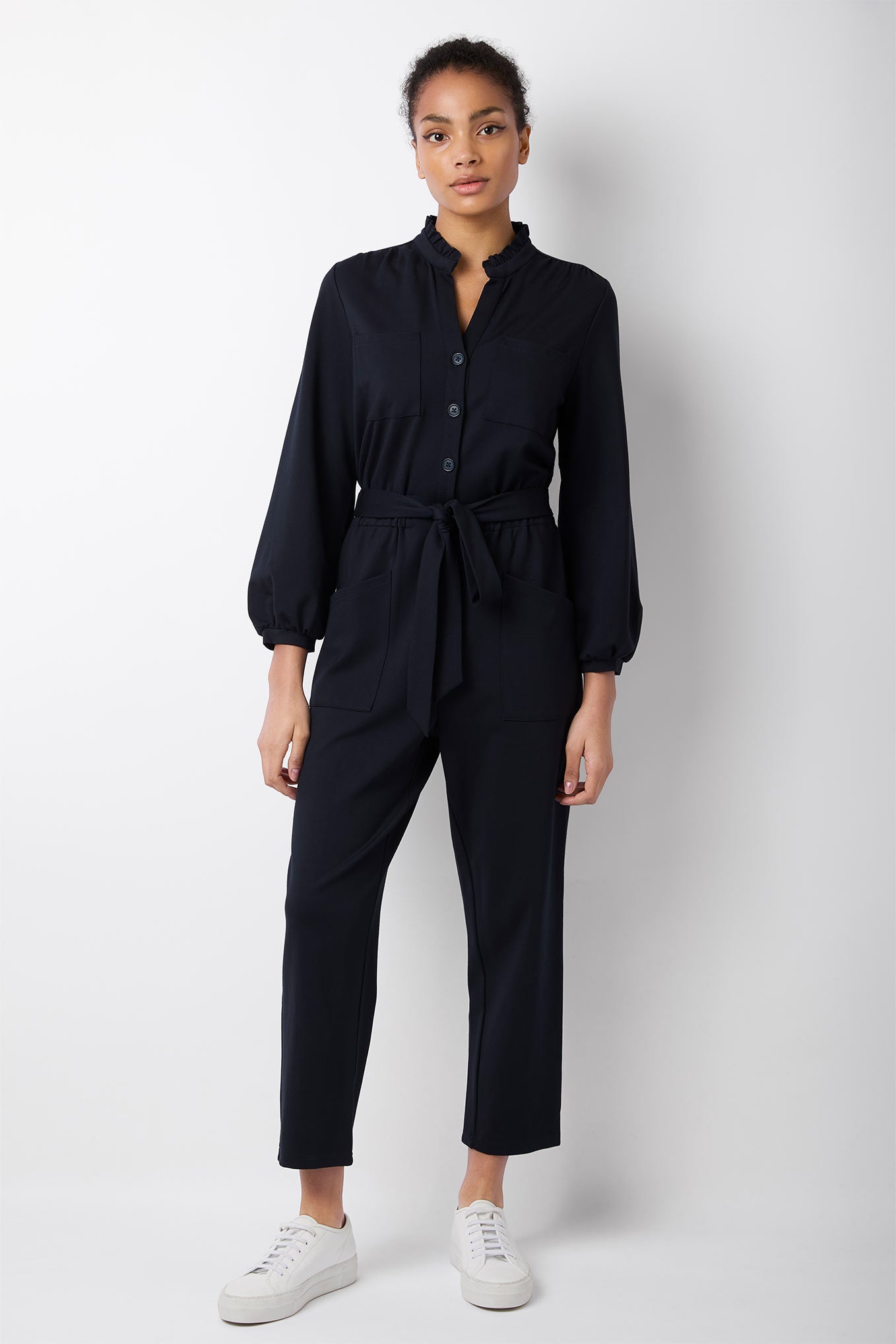 Beverley Button Front Ponte Jumpsuit - Dark Navy - Regular