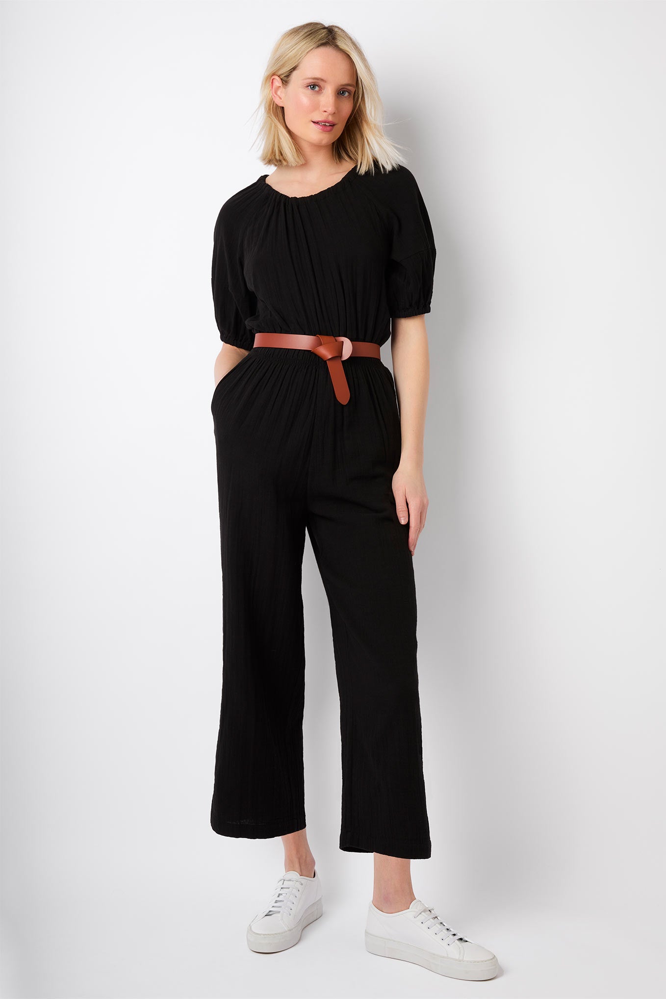 Elsa Tie Detail Double Gauze Jumpsuit - Black