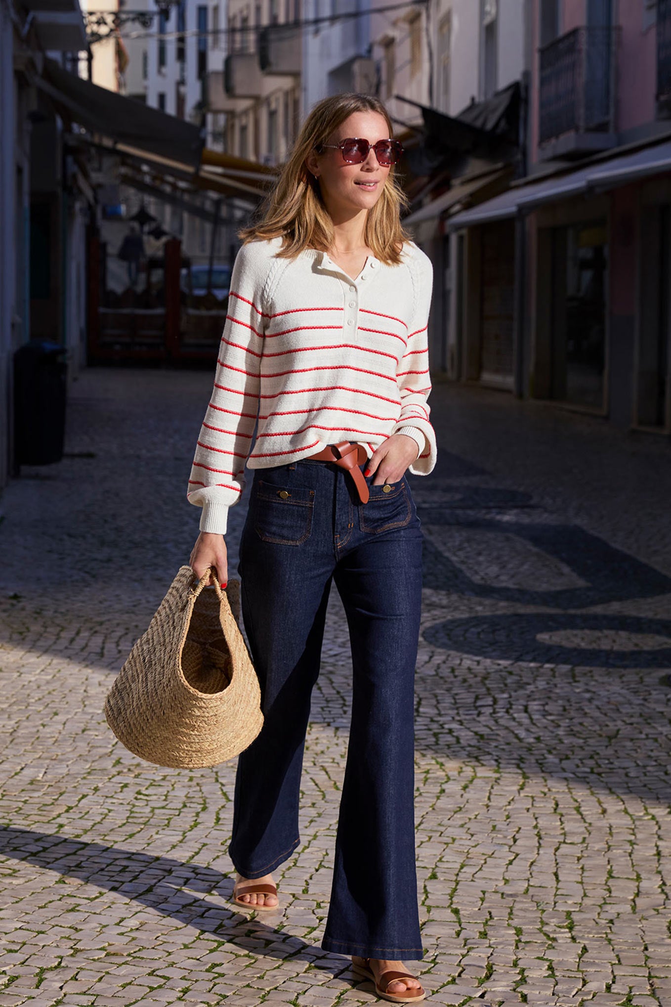 Harley Striped Button Down V Neck Jumper - Ivory/Red