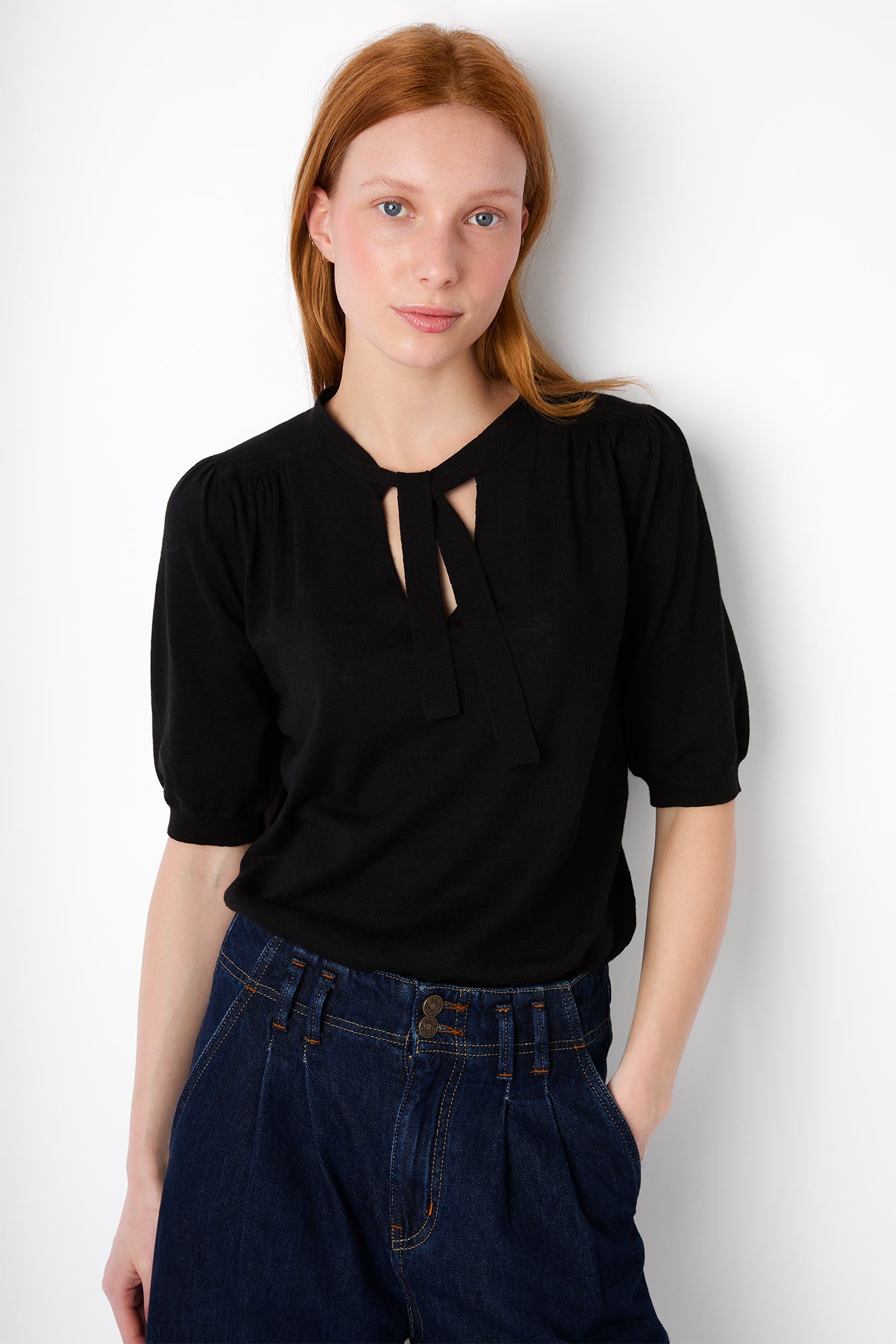 Gigi Tie Neck Knit Top - Black