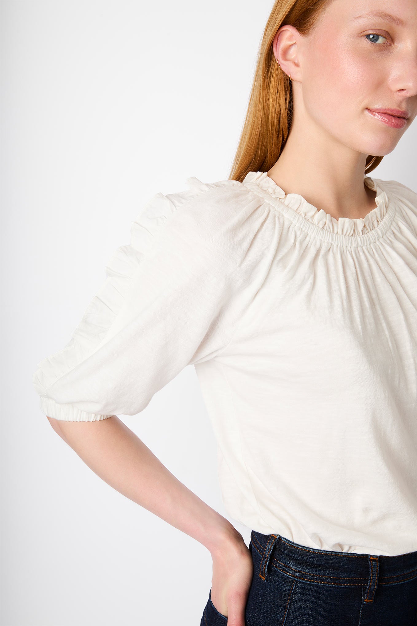 Josephina Woven Frill Jersey Top - Ivory