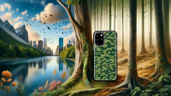 A surreal landscape where the camouflage phone cases blend into unexpected natural environments