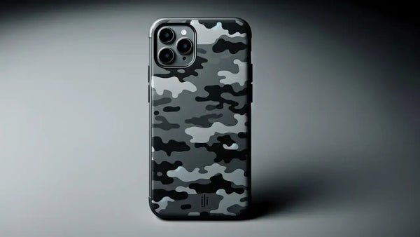 A minimalist image featuring a sleek, modern phone with an urban camouflage case prominently displayed against a stark, solid-colored background.