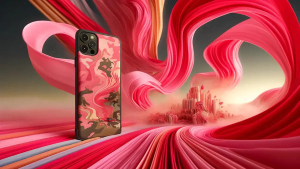 A surreal image that plays with the idea of blending fantasy and reality. Imagine a scene where the phone with the pink and red camo case