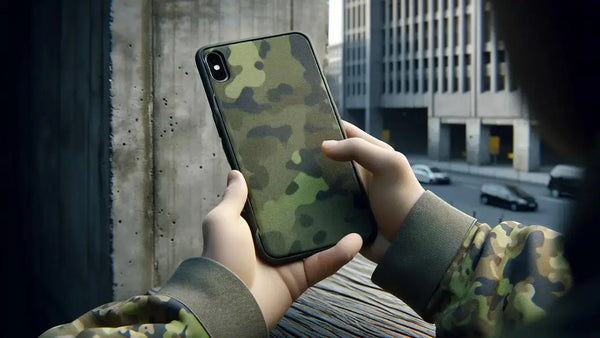 A photorealistic image showing a person in an urban environment, casually using their phone with a camouflage case.