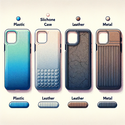 An image showcasing various snap phone cases with labels indicating the material they are made from.