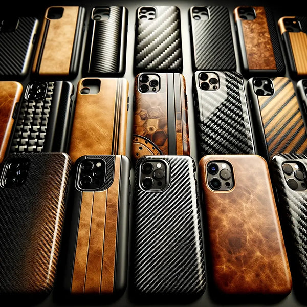 Showcase an array of phone cases made from different materials like leather, carbon fiber, and plastic. Each case should distinctly highlight the text
