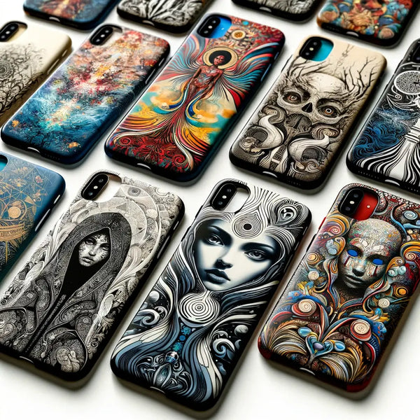 An artistic representation of various phone cases with custom designs, including intricate patterns, bold artwork, and personalized images.