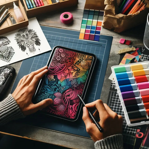Una persona che progetta una custodia per telefono su un tablet digitale, mostrando un design vivace e artistico sullo schermo, circondato da schizzi e tavolozze di colori
