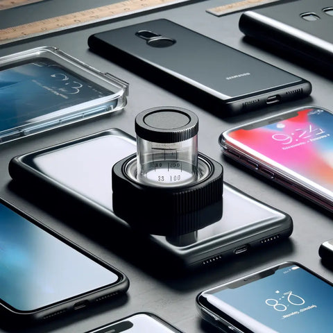 Una varietà di smartphone (ad esempio iPhone, Samsung Galaxy) disposti su un tavolo, ciascuno con uno strumento di misurazione trasparente sulla parte superiore, sottolineando l'importanza