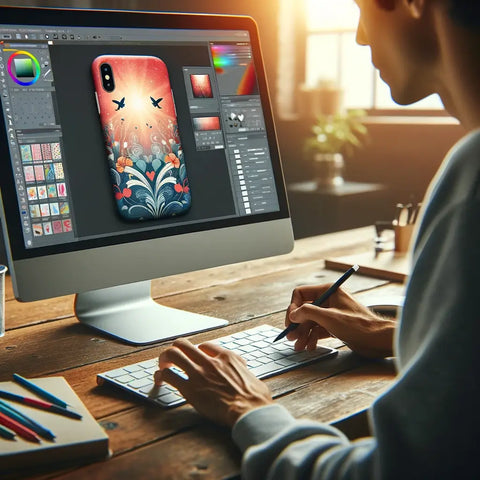 An over-the-shoulder view of someone using graphic design software on a computer to create a custom phone case design