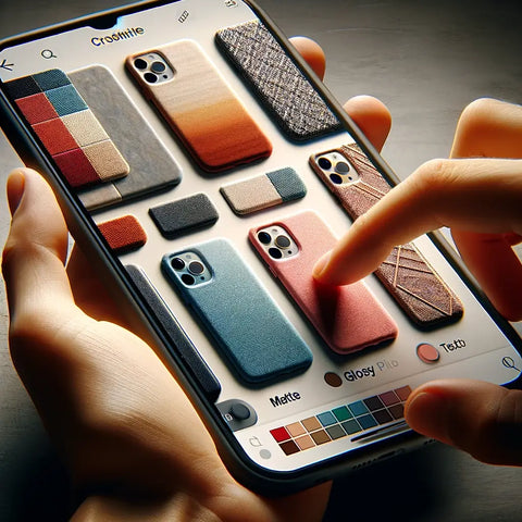 close-up of a hand selecting different color swatches and textures on a digital screen, with a phone case design evolving in real-time
