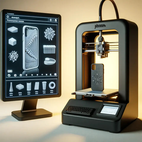 Una stampante 3D che stampa una custodia per telefono personalizzata, con un disegno digitale visualizzato su un monitor accanto alla stampante, che illustra il processo di produzione