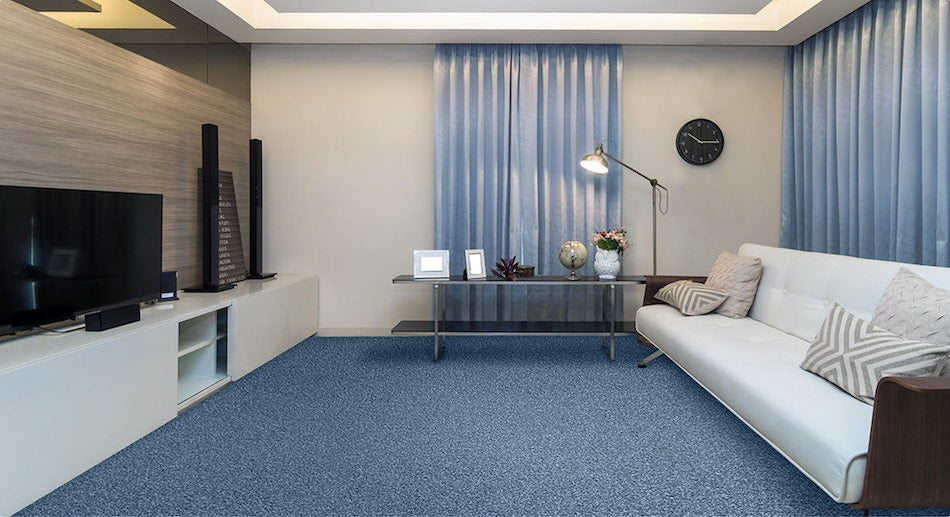 Living room set with blue carpet