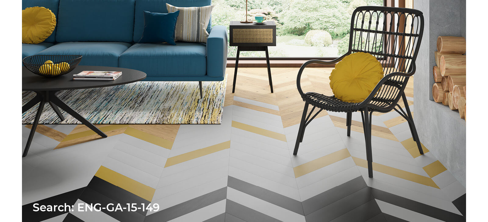 Living room with decorative painted chevron real wood floor
