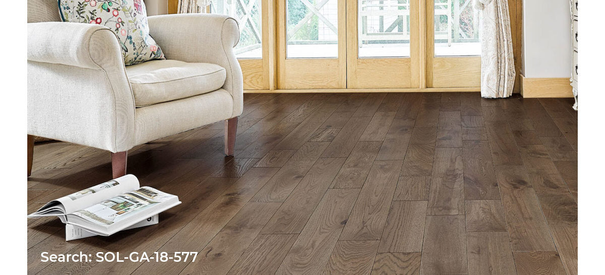 Darker, solid wood Galleria floor, living room roomset