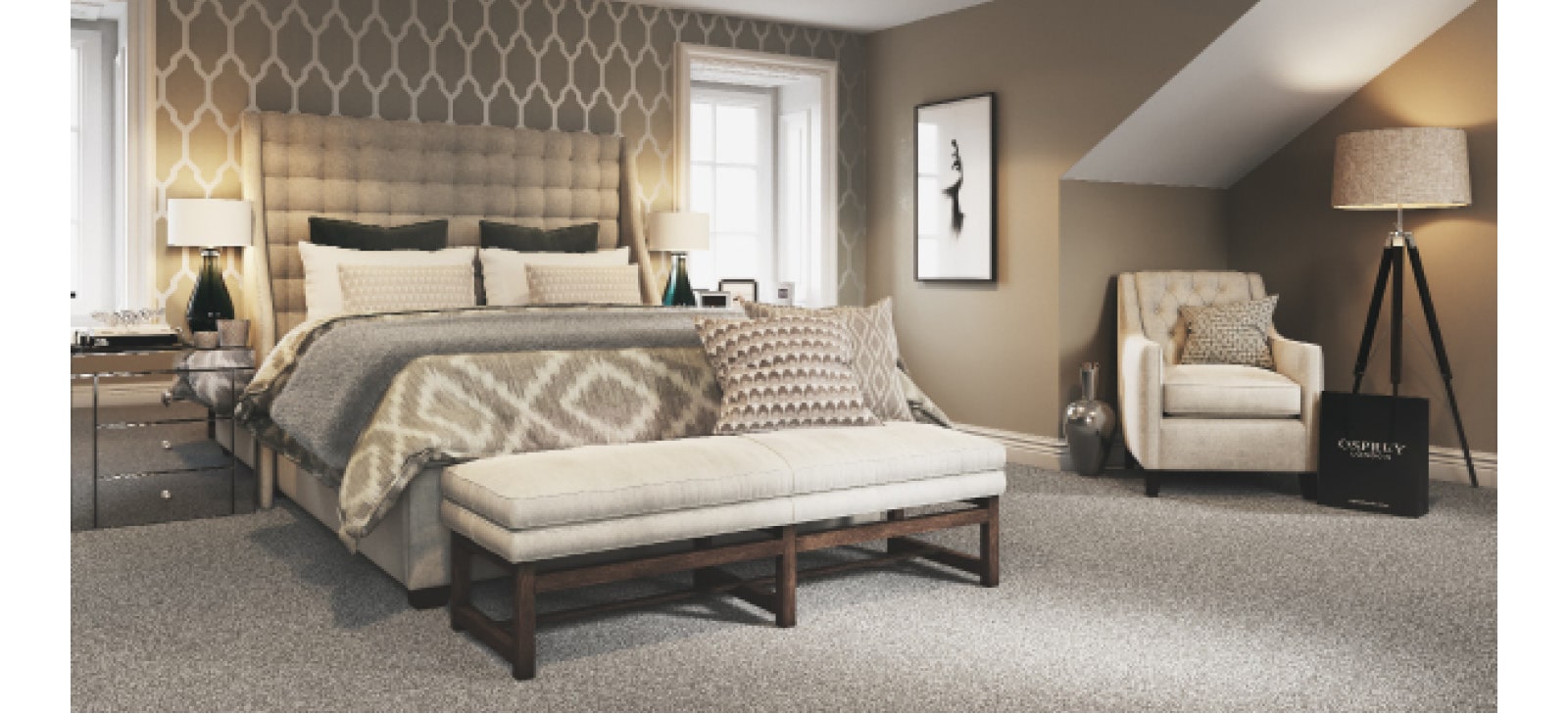 Grey carpet, neutral coloured bedroom