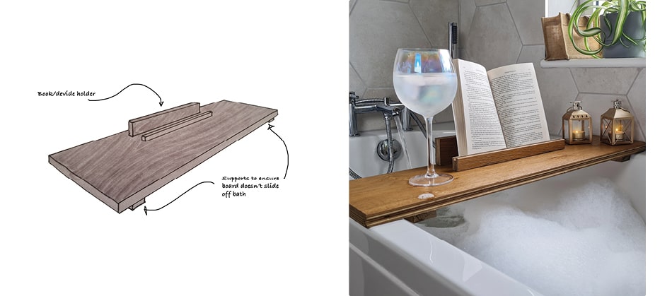wooden shelf over bath with drink and book