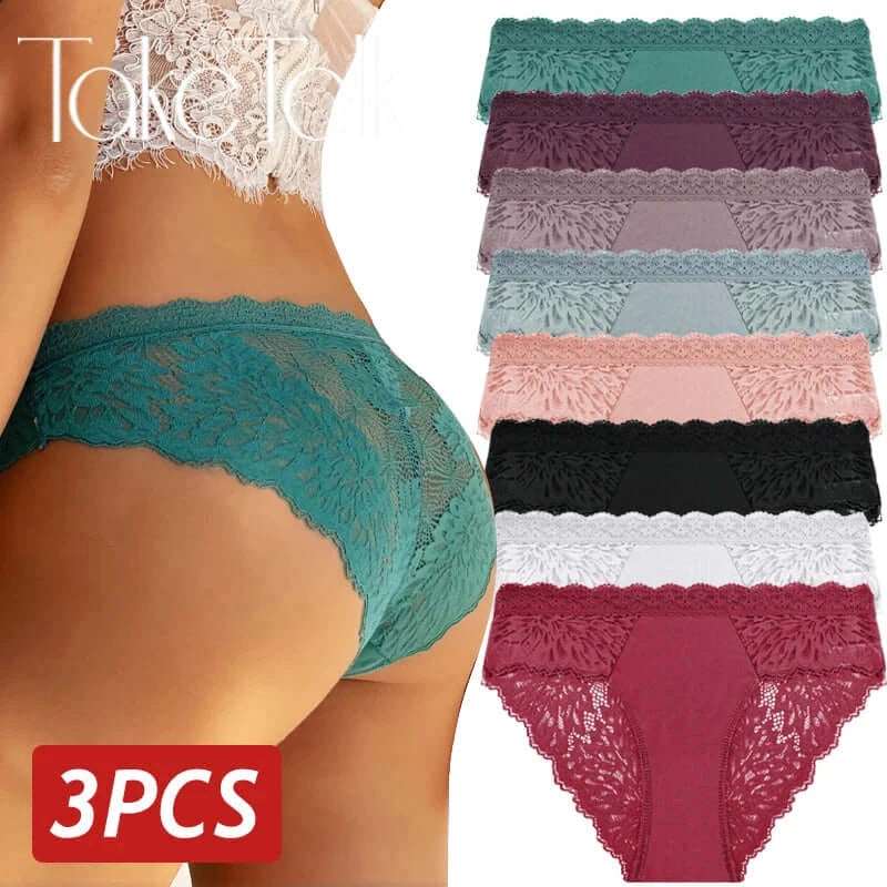 3PCS Lace Panties for Women Low Rise Briefs Female Underwear Floral Perspective Breathable Intimates Lingerie Soft Pantys S-XL