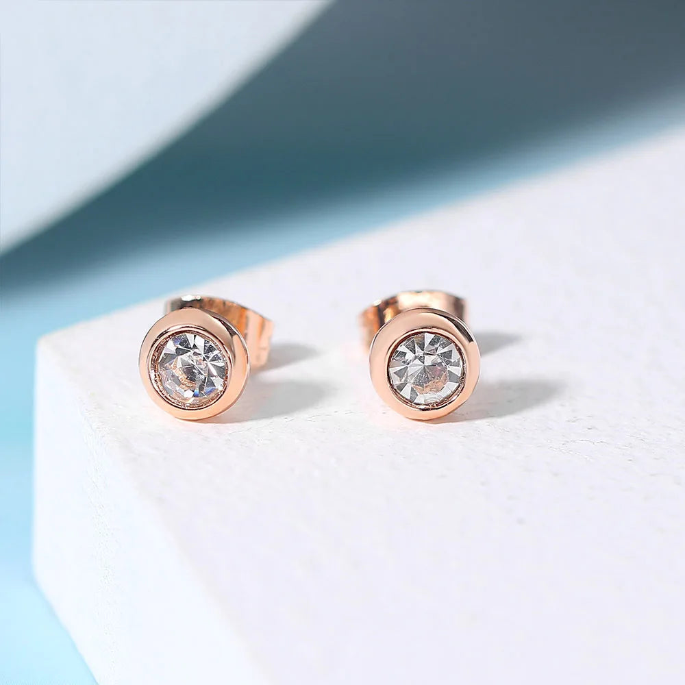 ZHOUYANG Simple Round Stud Earring For Wome Concise Rose Gold Color Fashion Jewelry Austrian Crystal