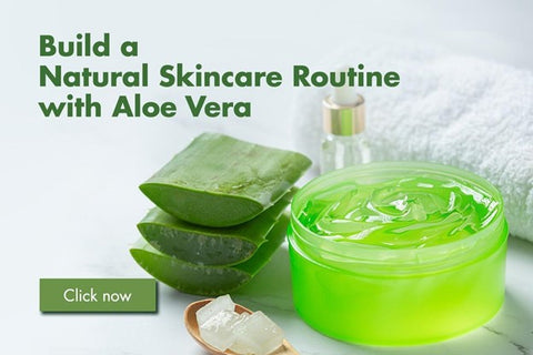 Aloe vera gel in a tub with sliced aloe vera plant and a towel. ‘Build a natural skincare routine with aloe vera’