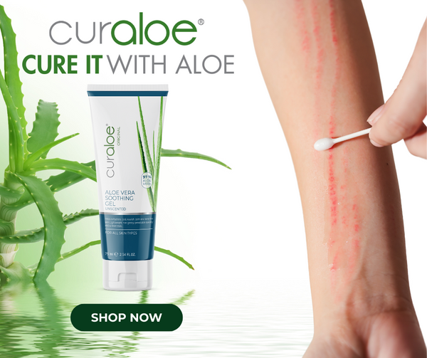 A wound and the Curaloe Soothing Gel made from aloe vera to help relieve and clean the wound