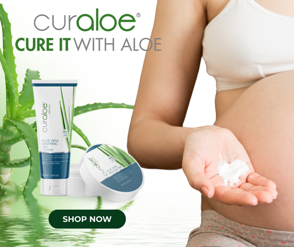 A pregnanct lady with stretch mark skin problem and the Curaloe Soothing Gel and body butter made from aloe vera to help solve the stretch marks