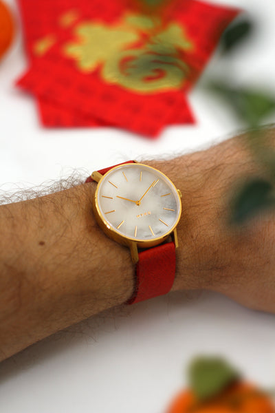 MYKU White Marble Gold Watch Chinese New Year Red Strap