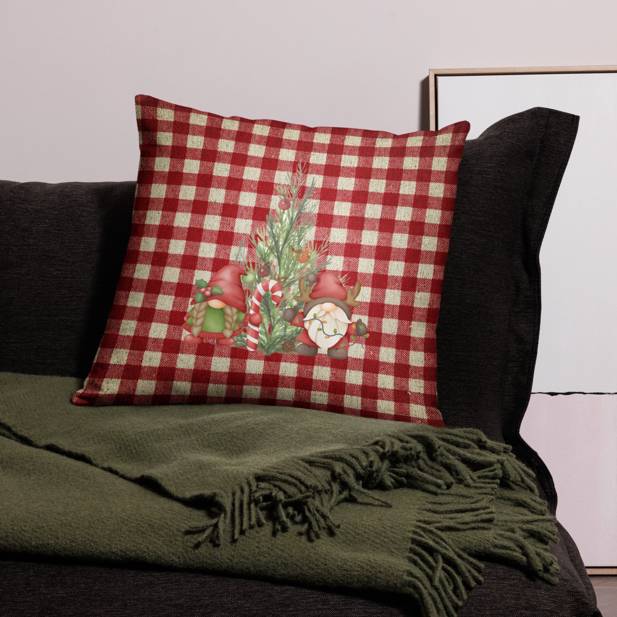 Gnome for the Holidays Plaid Throw Pillow