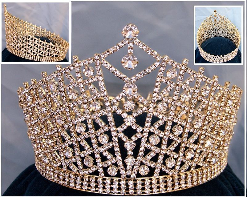 Miss Beauty Pageant Queen Rhinestone Gold Full Crown Tiara Crowndesigners