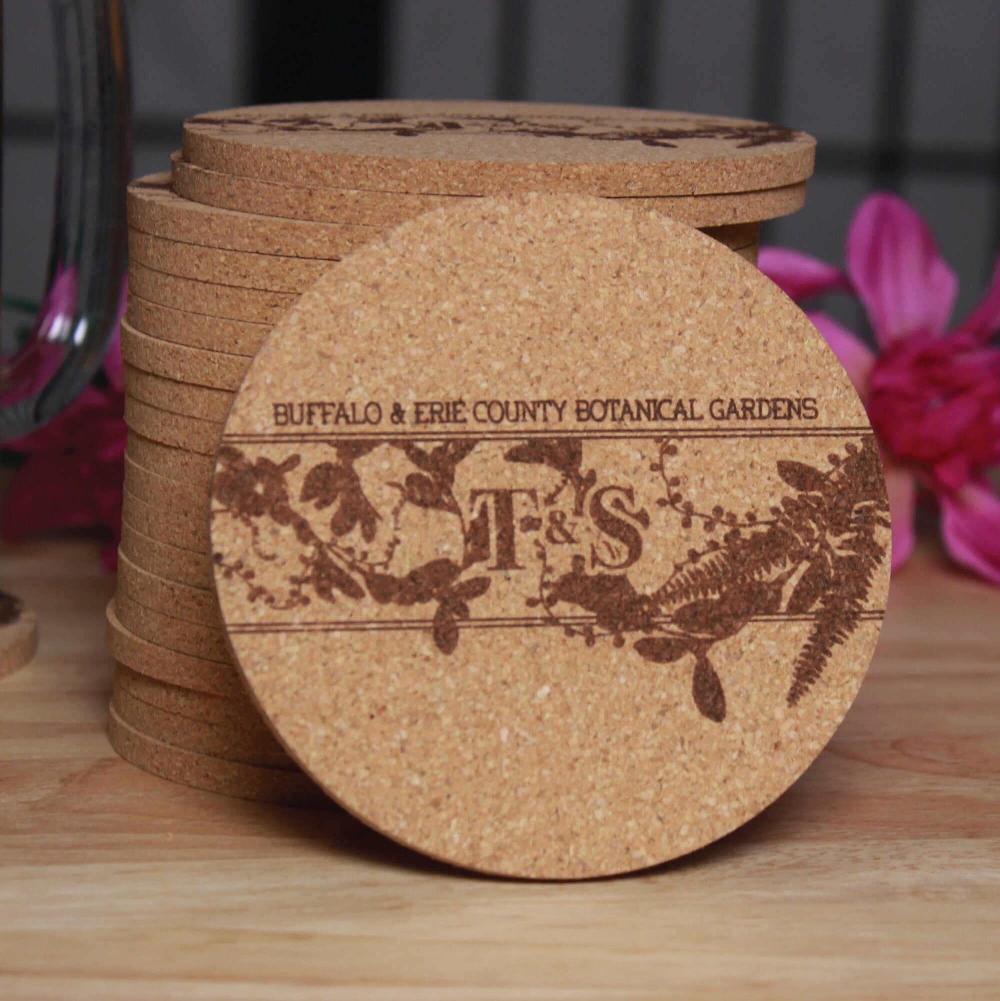 Custom Engraved Initials with Foliage Wedding Coasters