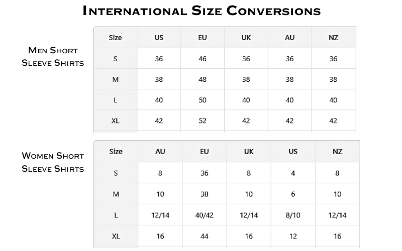 International Size conversion Chart Womens and Mens Short Sleeve Shirt