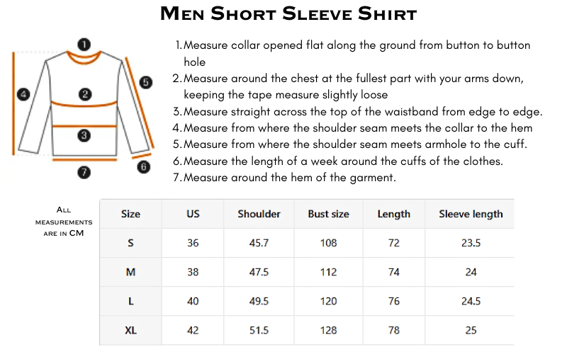 Men Short Sleeve Shirt Size Guide