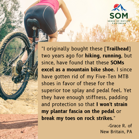 Biking in SOM Footwear is comfortable and connects you with your bicycle pedals